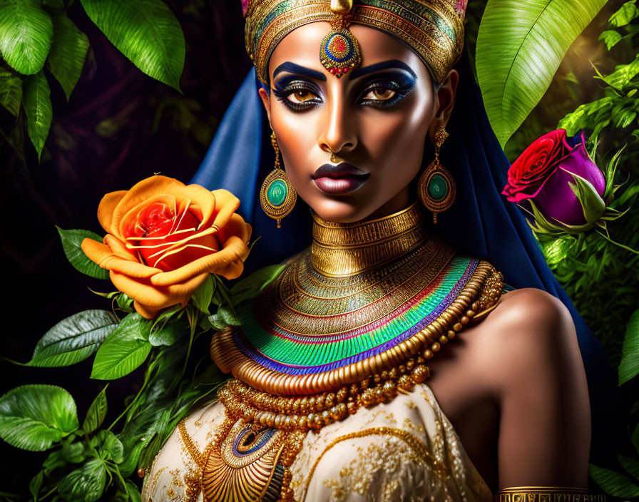 Elaborately adorned woman with gold jewelry and blue veil in lush garden.