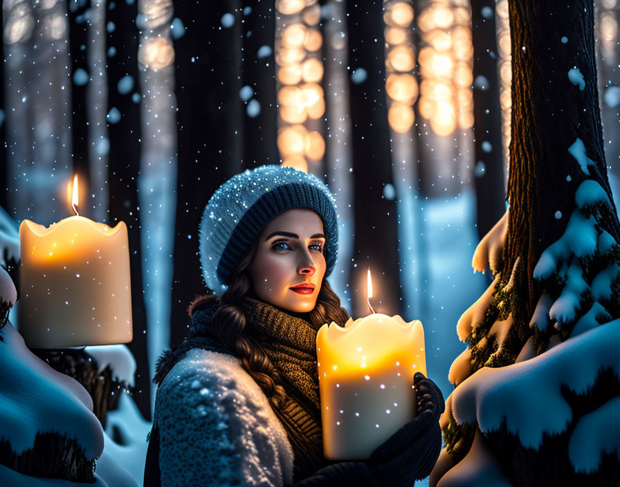 Woman in Winter Attire Holding Candle in Snowy Forest