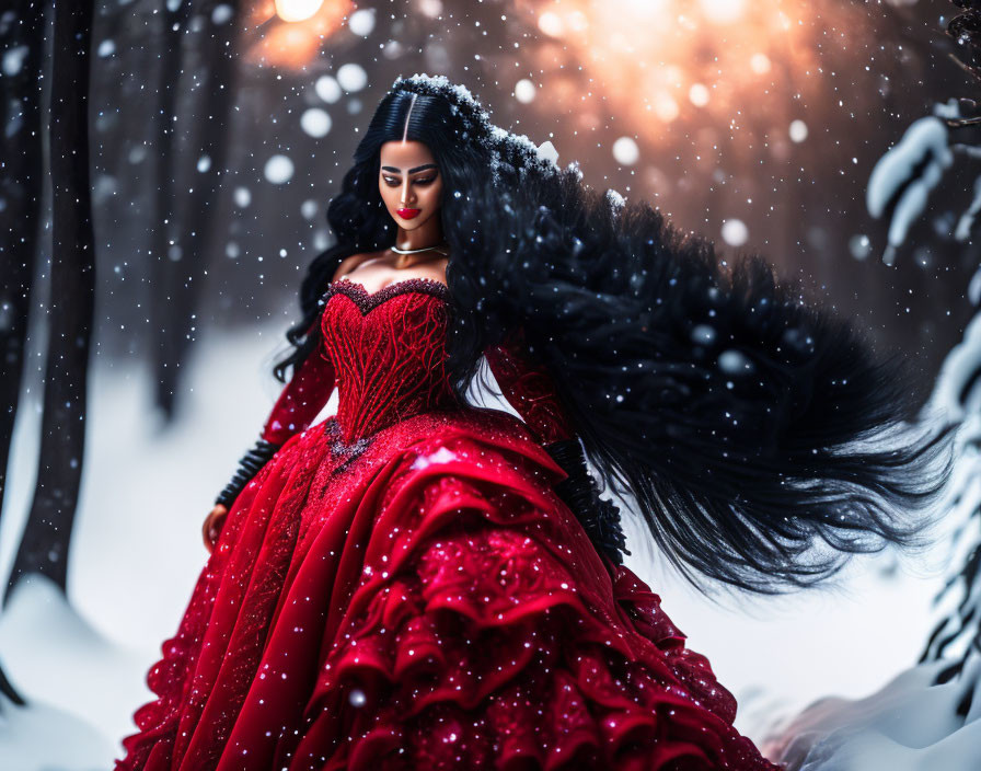 Long-haired doll in red gown on snowy backdrop with falling snowflakes