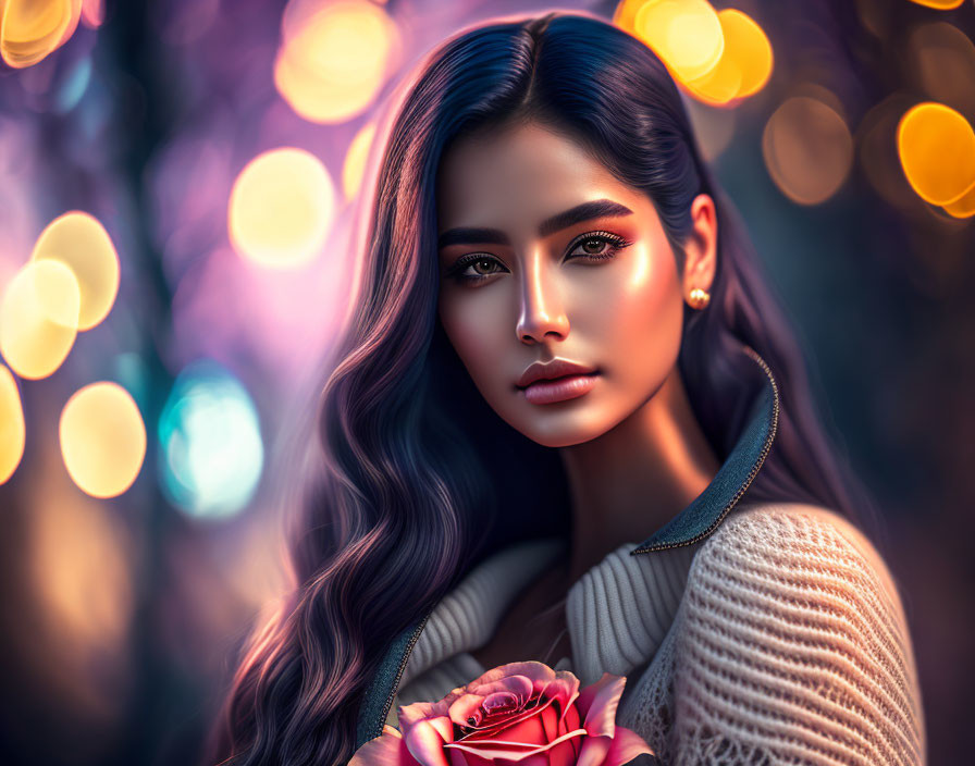 Woman with wavy hair holding pink rose against bokeh lights