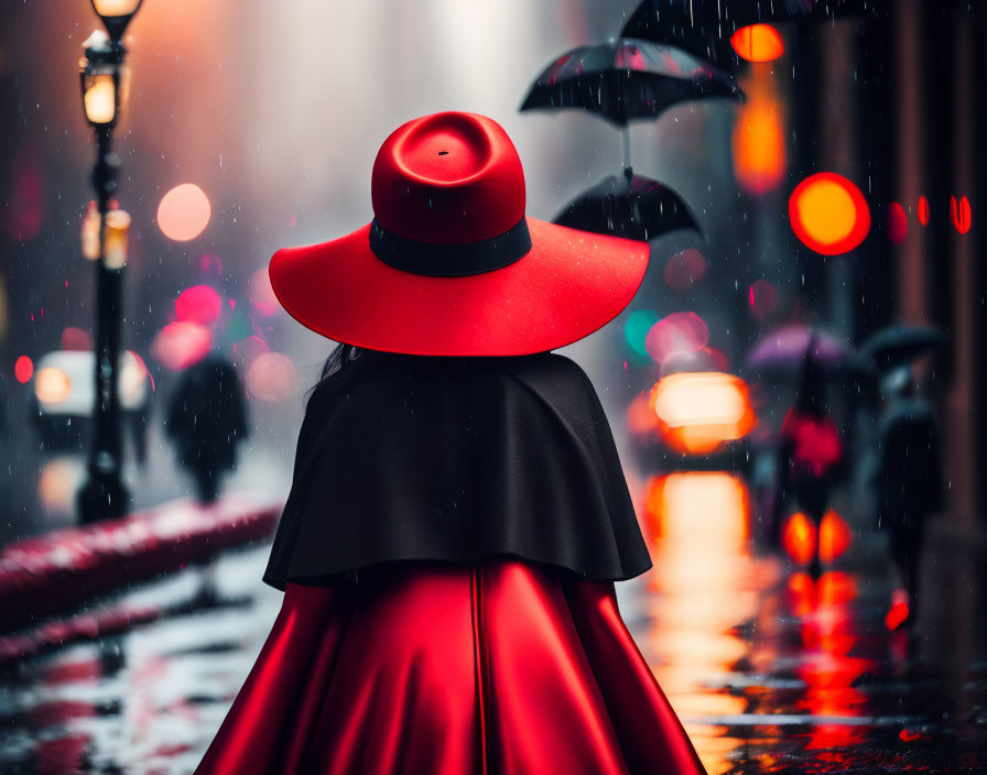 Person in Red Hat Walking Rainy City Street at Night