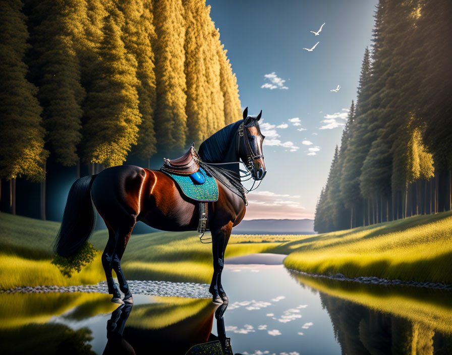 Tranquil river scene with saddled horse and tall trees