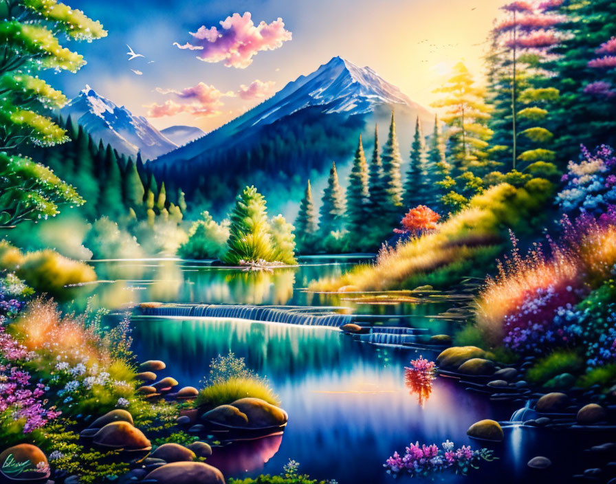 Colorful Landscape Painting: River, Floral Valley, Snowy Mountains