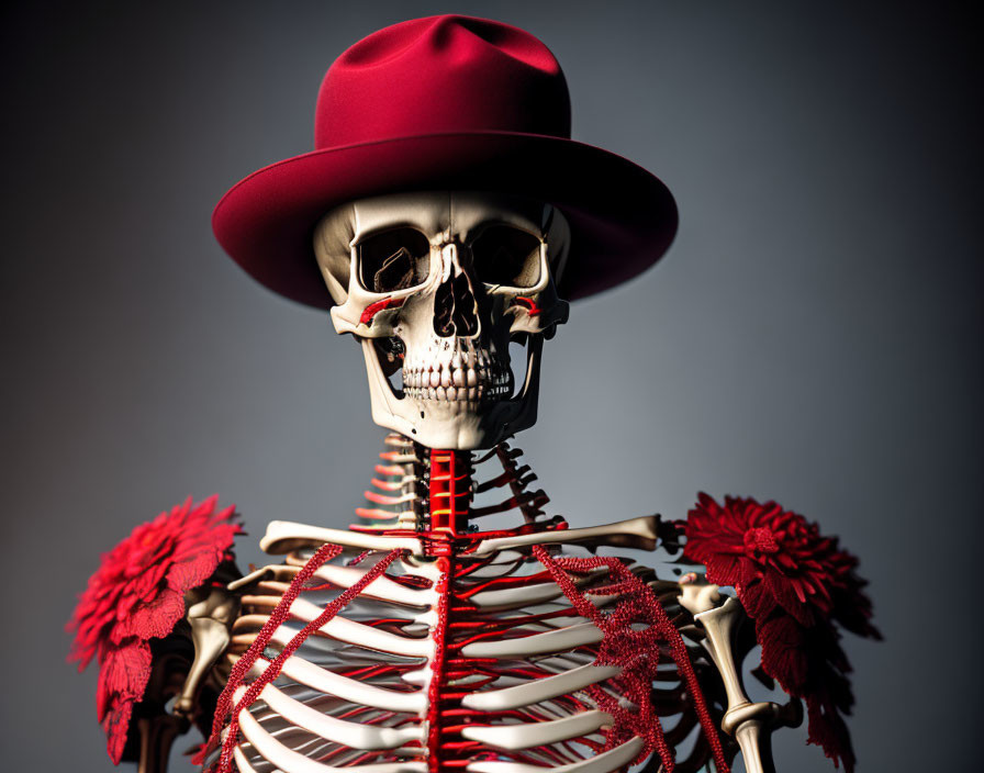 Red Hat Skeleton with Stylized Skeletal Model on Gray Background