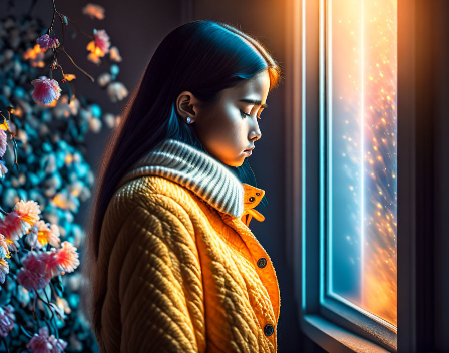 Person in Yellow Jacket Contemplating by Window with Flowers