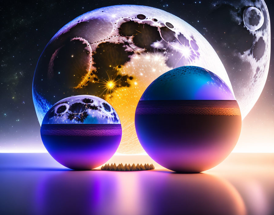 Reflective spheres on surface with cosmic backdrop and moons.