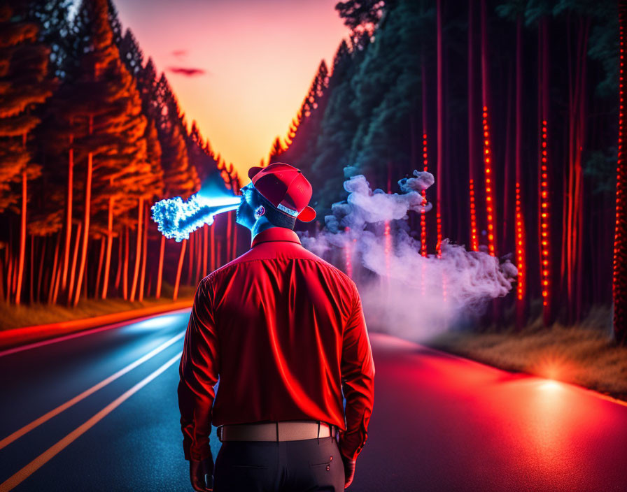 Person in Red Jacket Exhales Vapor on Forest Road at Sunset