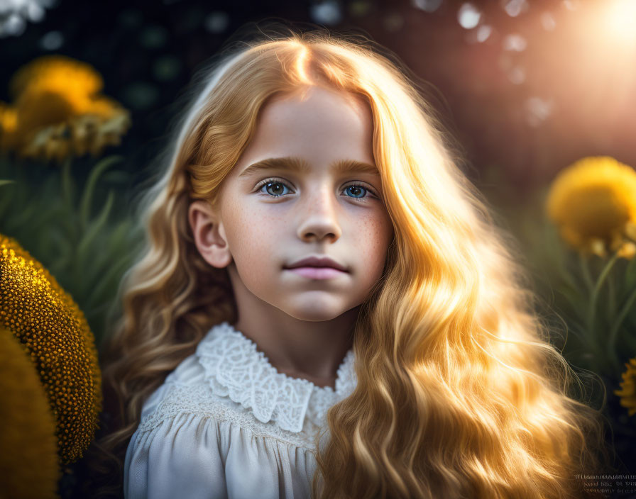 Young girl with long blond hair in white dress amidst sunflowers