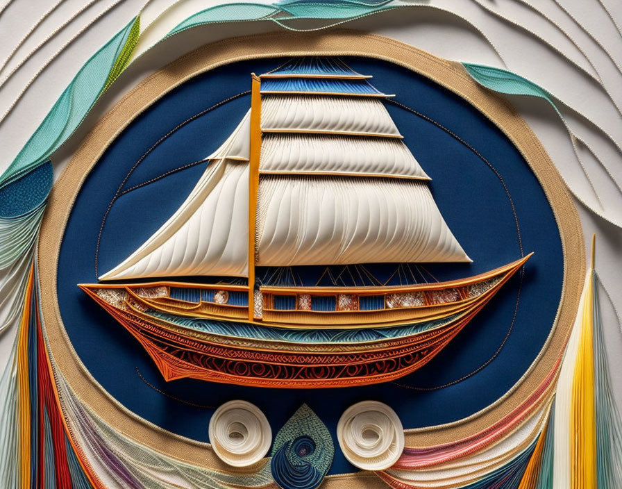 Three-dimensional sailboat paper art with intricate designs and layered paper waves