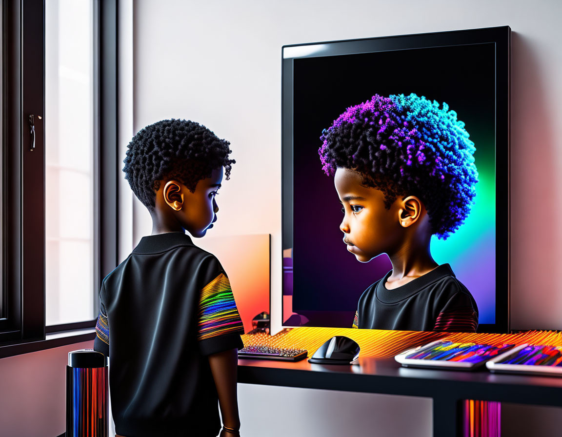 Child admires vibrant self-portrait with colorful afro hairstyle on computer monitor