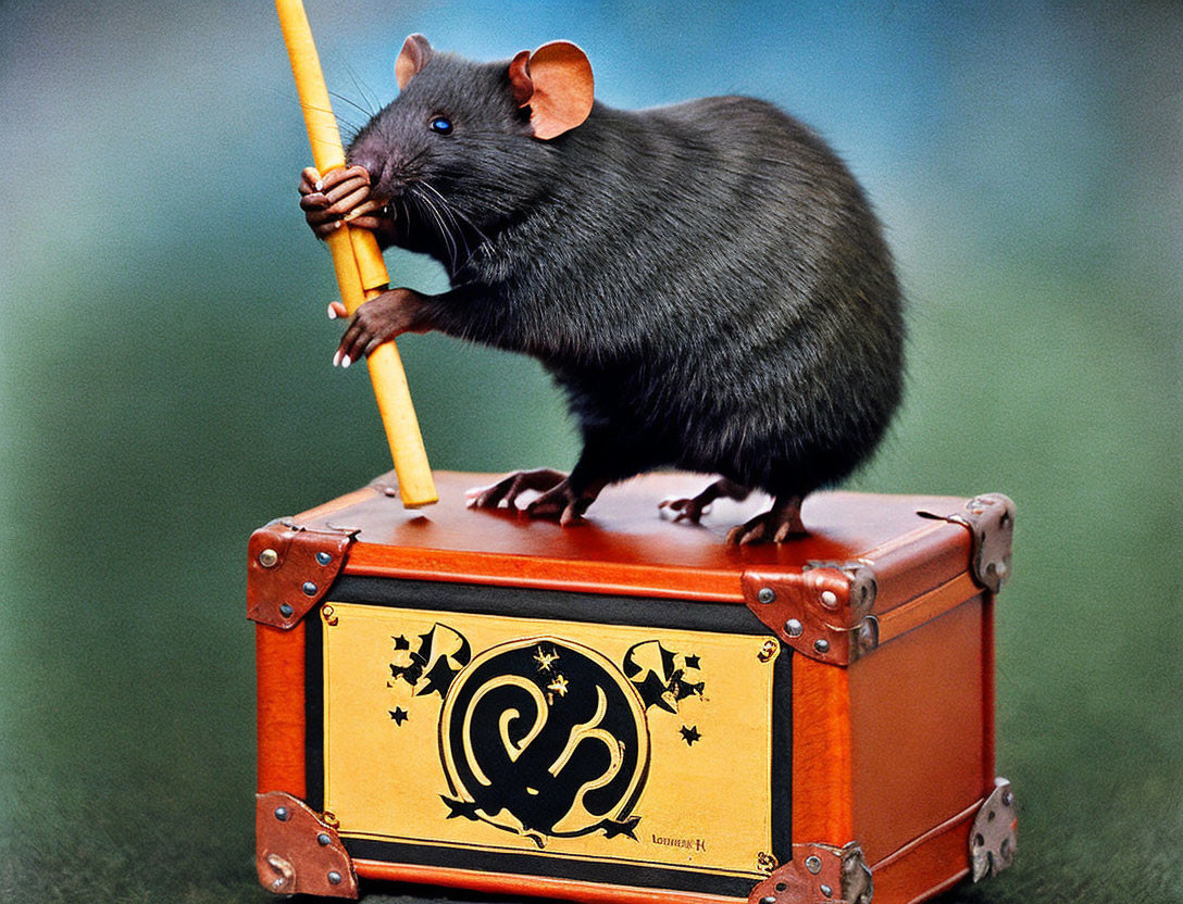 Black rat on ornate orange box with gold details holding yellow stick