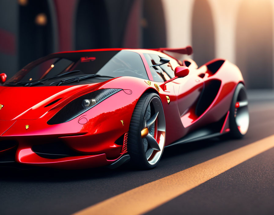 Red sports car with black accents and Ferrari logo parked on urban road in warm sunlight