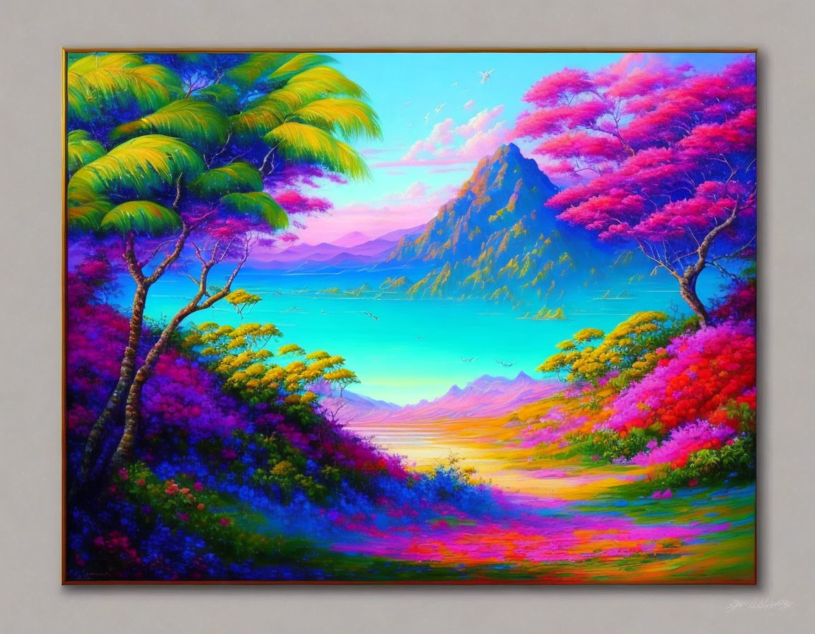 Colorful Landscape Painting with Trees, Lake, Mountain, and Path