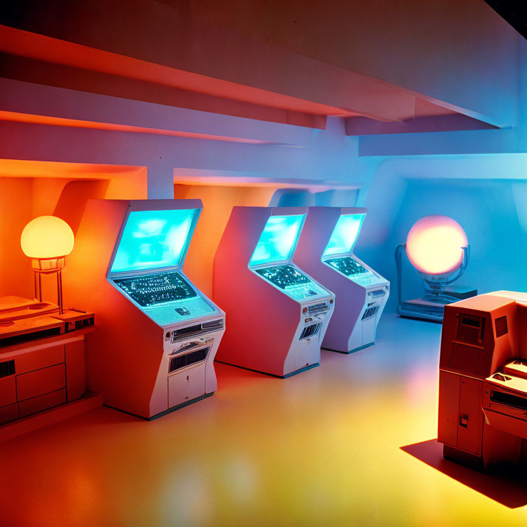 Colorful Neon-Lit Retro Arcade Room with Vintage Aesthetic