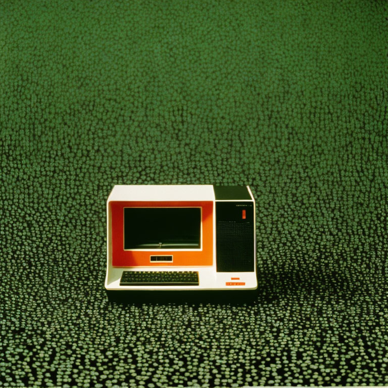 Vintage Portable Computer with Red and White Case on Textured Green Background