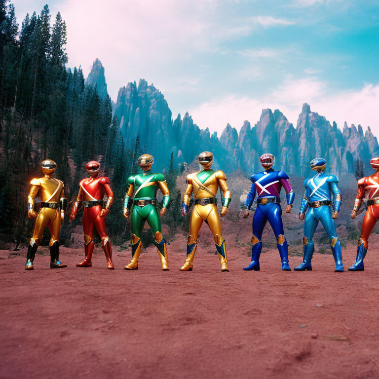 Six Power Rangers in Colorful Suits Standing in Forested Background