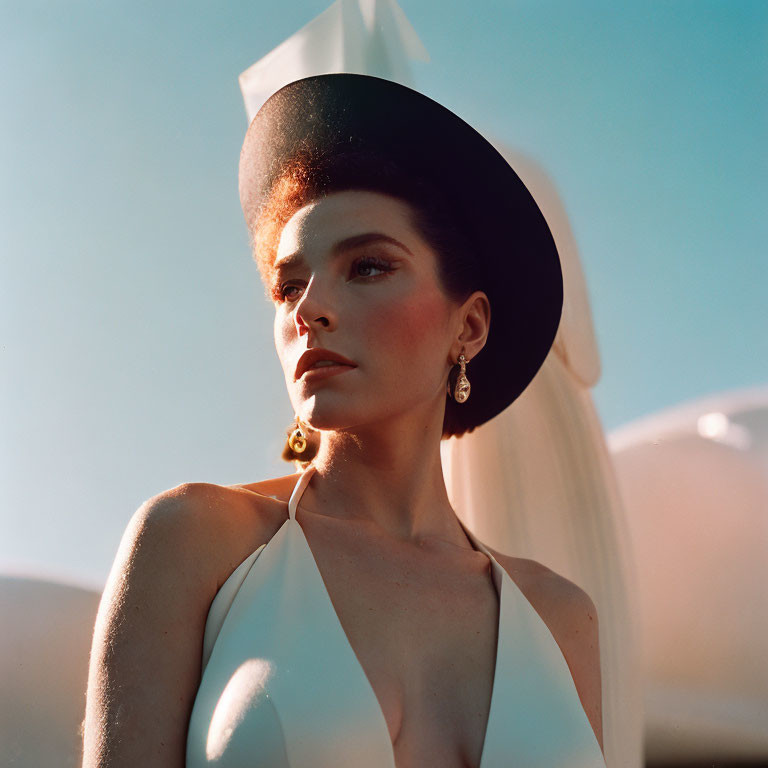 Woman in white outfit and black hat under clear blue sky.