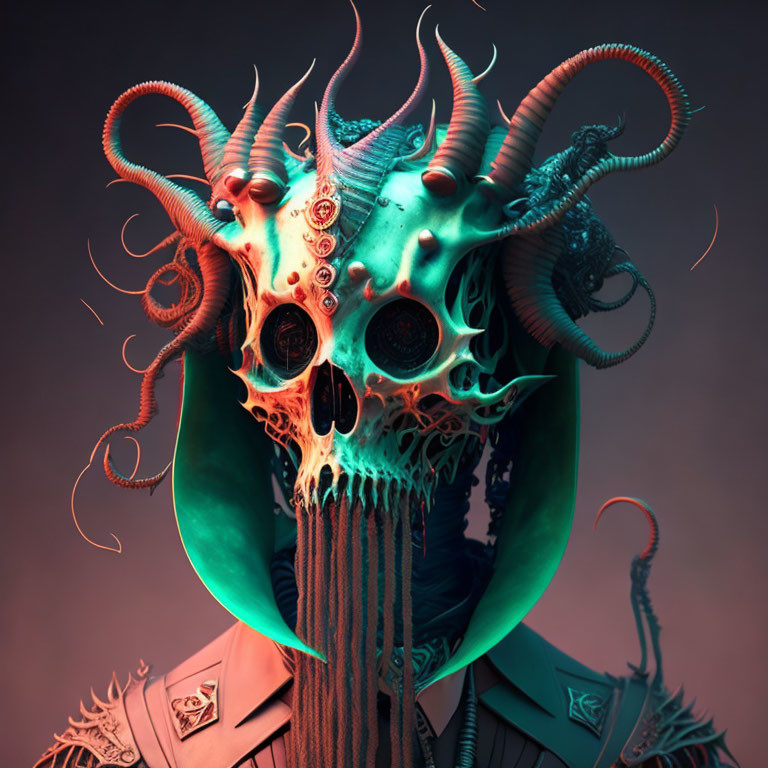 Surreal digital artwork: skull, tentacles, metallic parts, intricate textures, moody backdrop