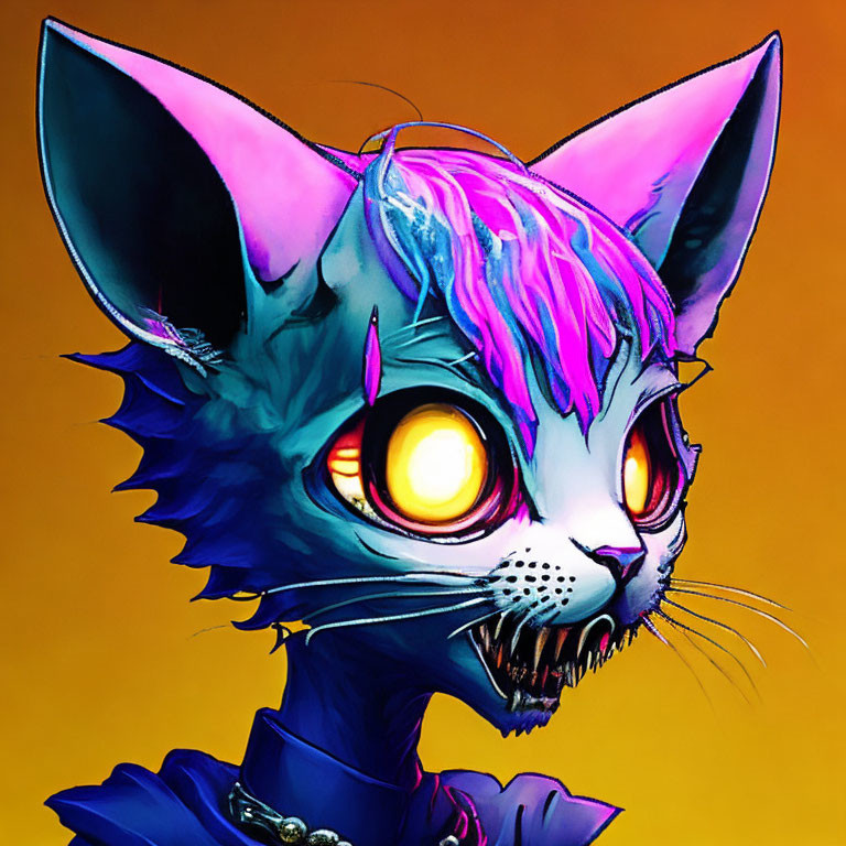 Stylized cat with purple fur and glowing yellow eyes