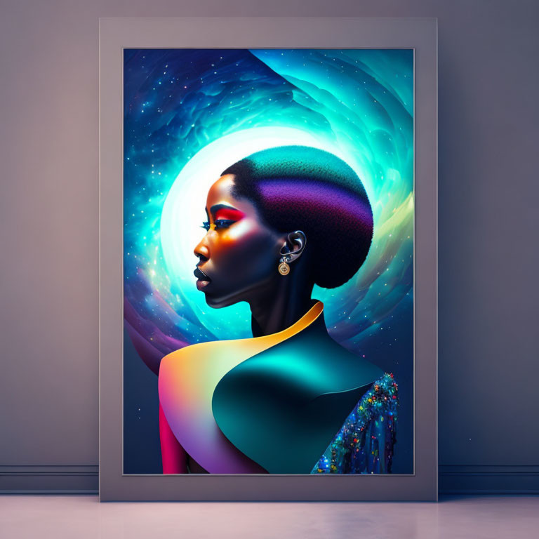 Stylized woman in cosmic digital art with vibrant colors