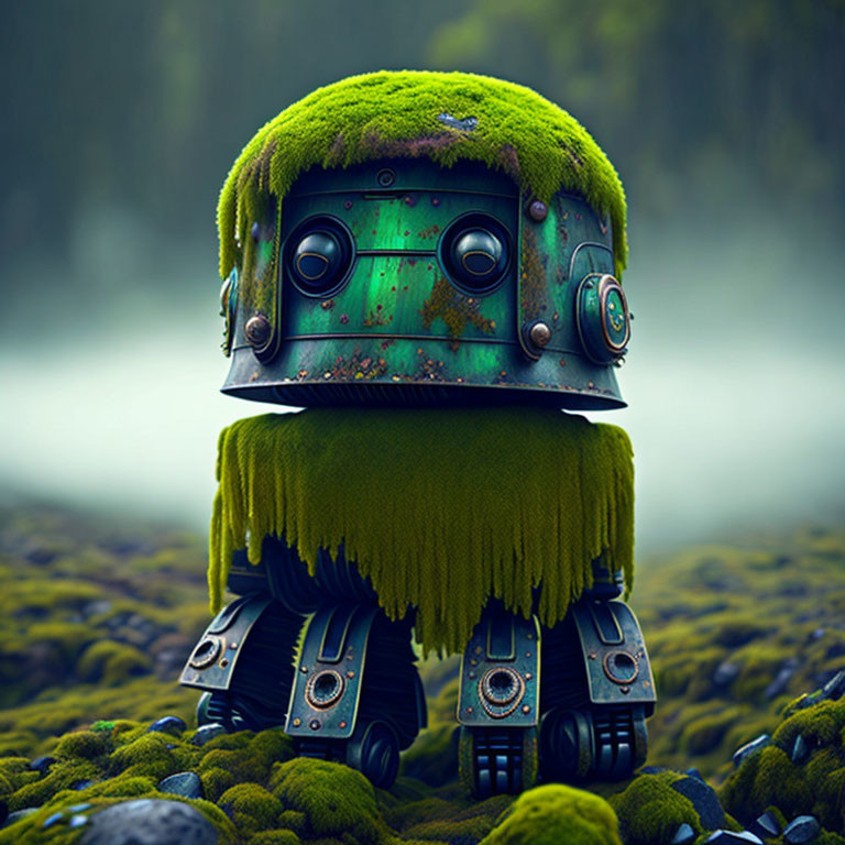 Moss-Covered Robot in Misty Forest blending with greenery