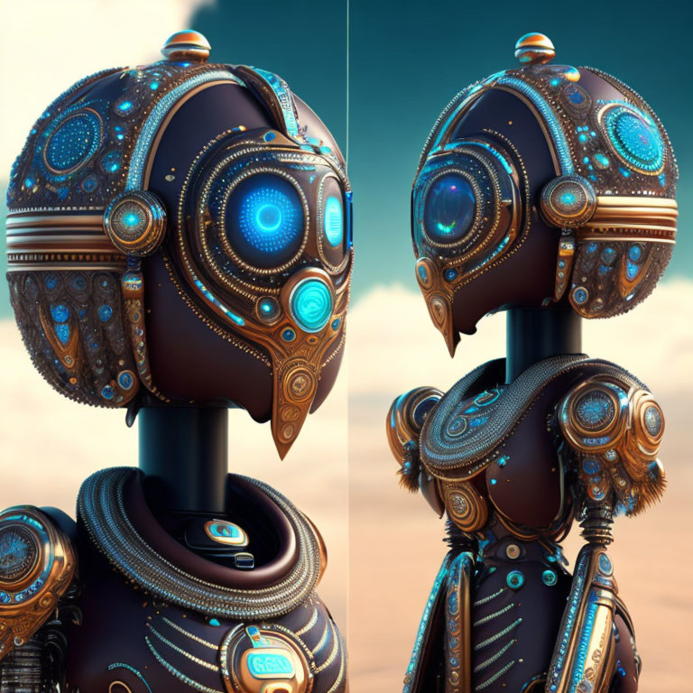 Detailed futuristic ornate robot head and shoulders with glowing elements.