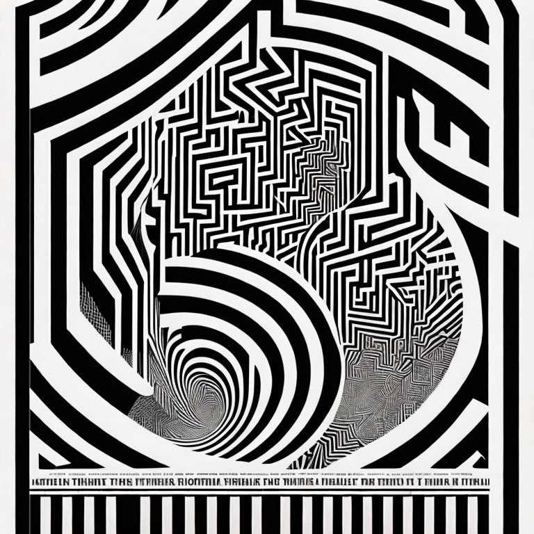 Abstract black and white maze-like patterns and swirling designs