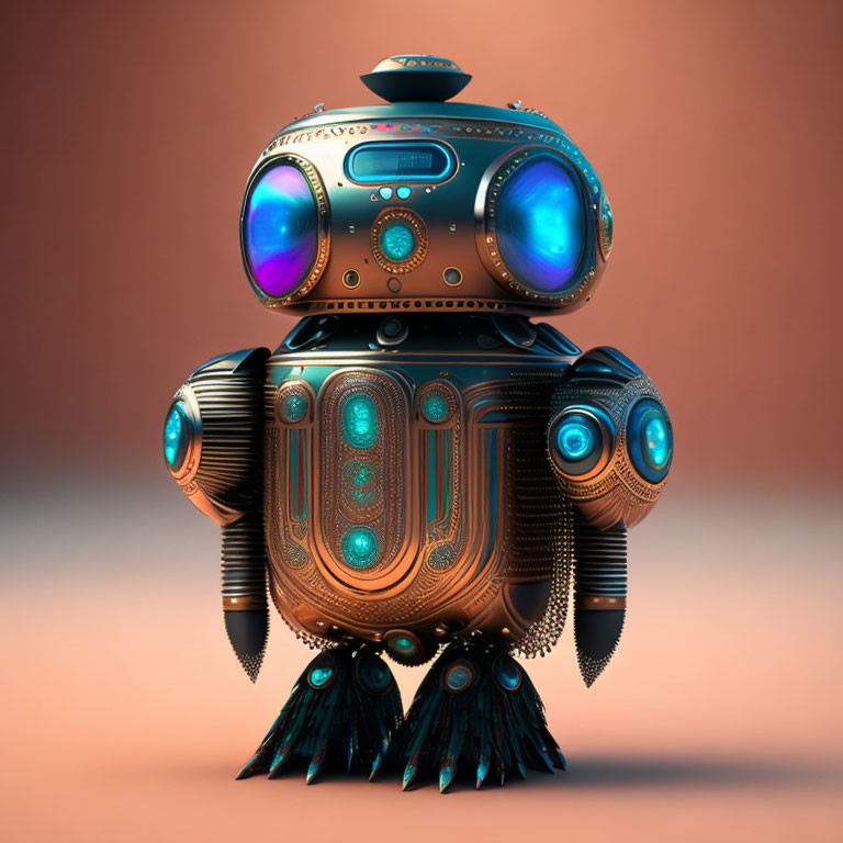 Colorful Retro-Futuristic Robot with Circular Body and Rocket-Like Feet on Orange Background