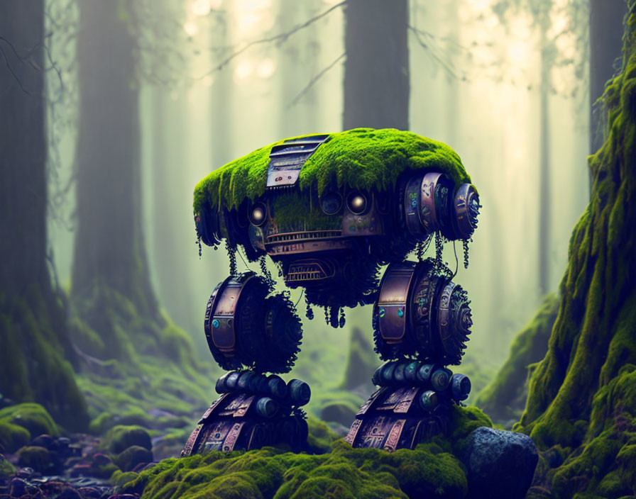 Moss-Covered Robot in Mystical Forest with Fog