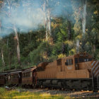 Vintage steam train journey through lush green forest