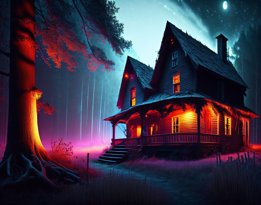 Mystical wooden house with glowing orange windows in neon-lit forest