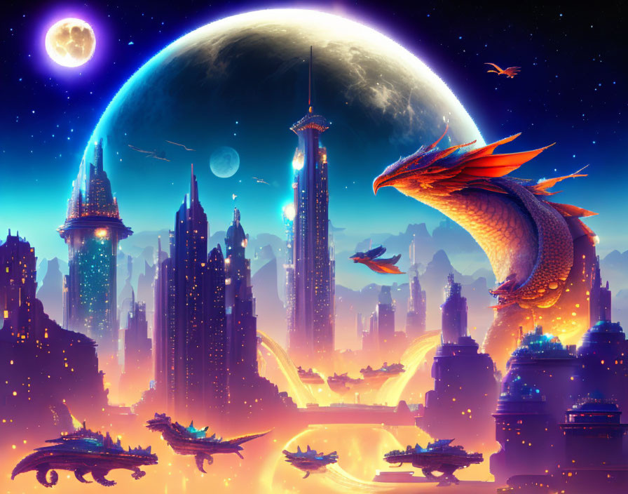 Futuristic sci-fi cityscape with flying vehicles and dragon at night