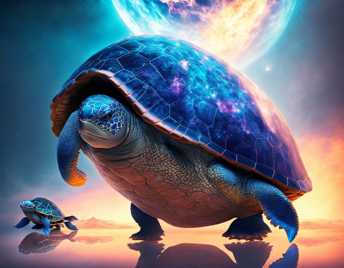 Cosmic-patterned shells on two turtles with celestial background.