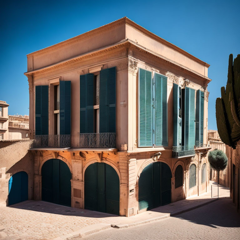 Sunlit corner building with green shutters, balcony, arched doors, cactus, under clear