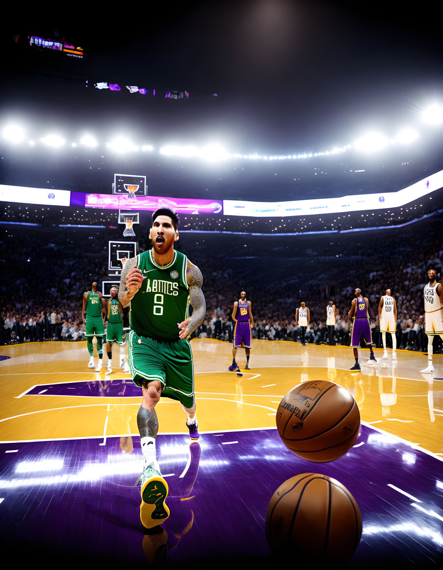 Basketball player in green Celtics jersey dribbles on purple court with opponents in white and purple uniforms.