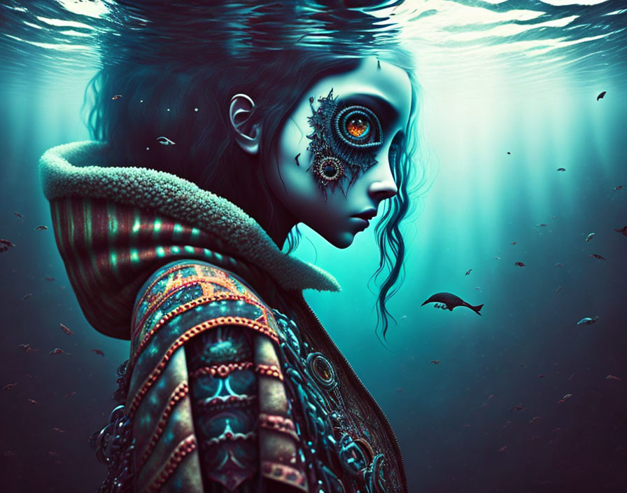 Surreal underwater scene with figure and mechanical eye in blue ambiance