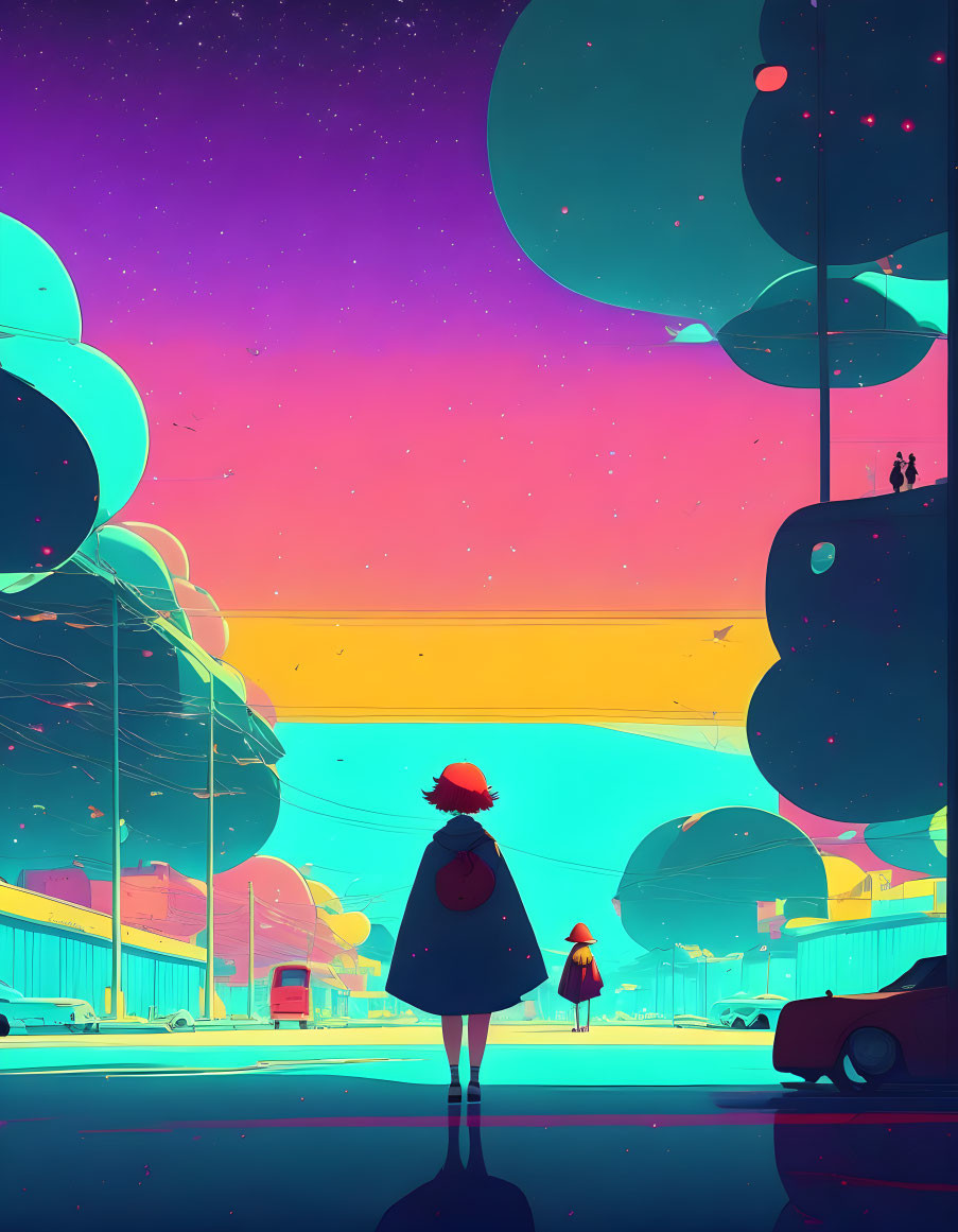 Stylized image of two characters under vibrant sunset sky