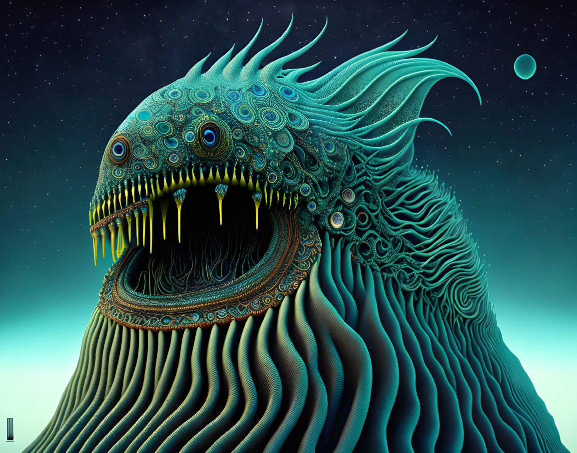 Intricate blue-patterned fantastical creature with sharp fangs and flowing tendrils in starry