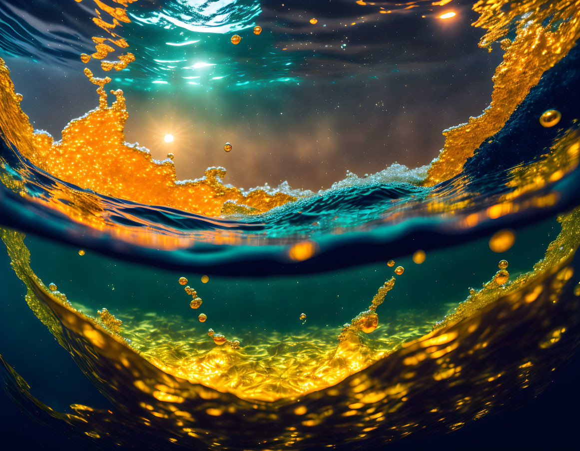 Vivid Orange Liquid Splashing Underwater with Sun and Bokeh Effect