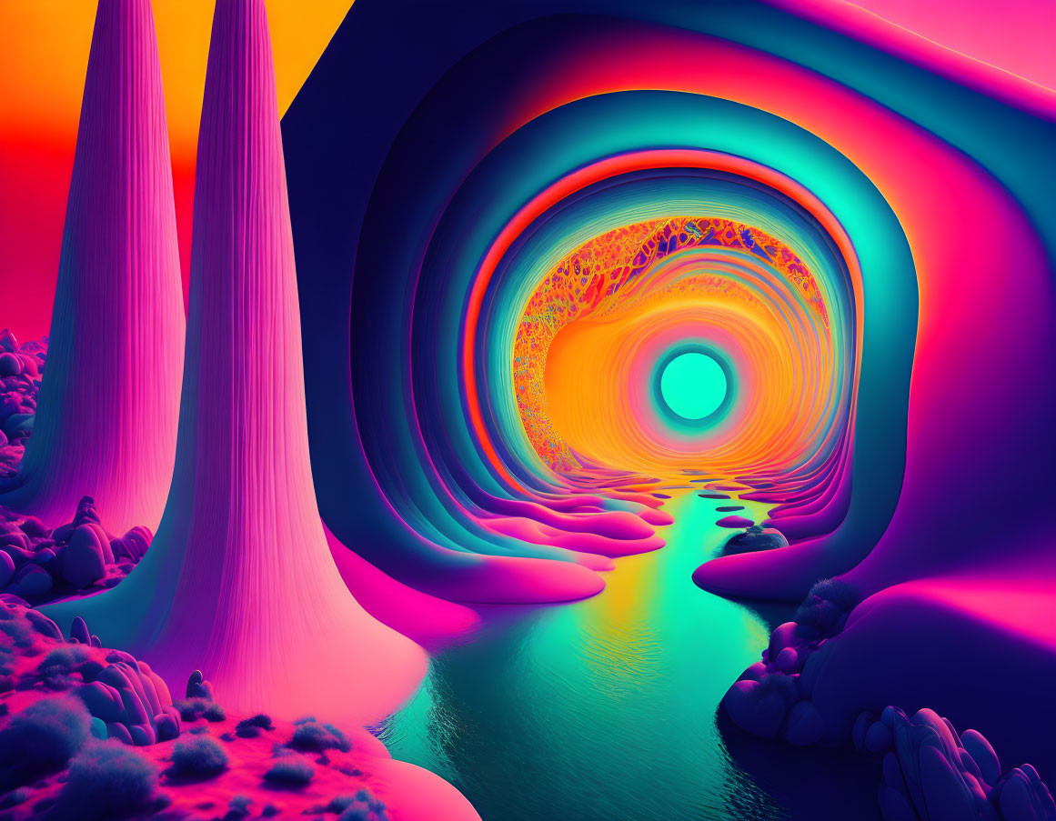 Vibrant pink and blue psychedelic landscape with flowing shapes and luminous portal