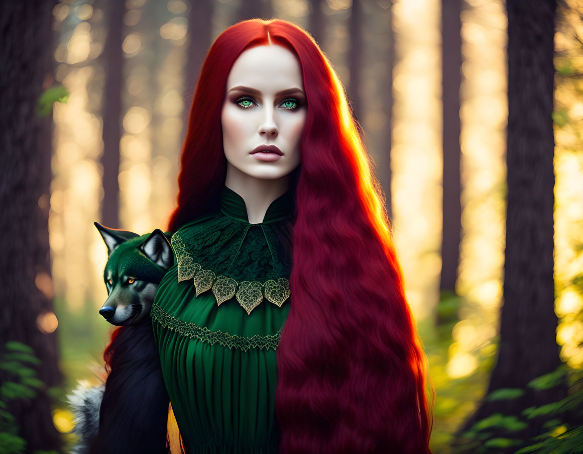 Red-haired woman in green dress with black dog in forest