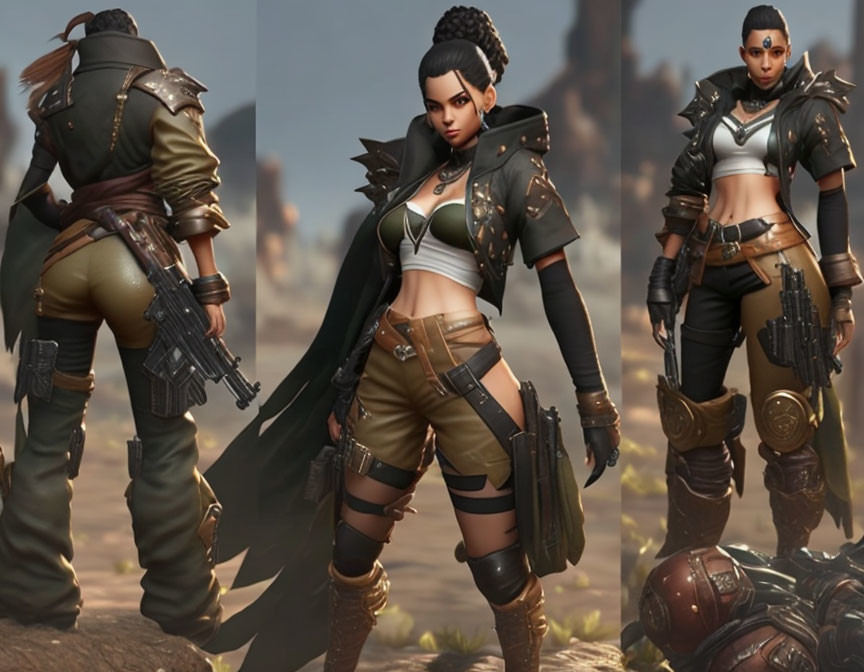 Female Video Game Character Poses in Stylized Leather Outfit & Futuristic Weapons