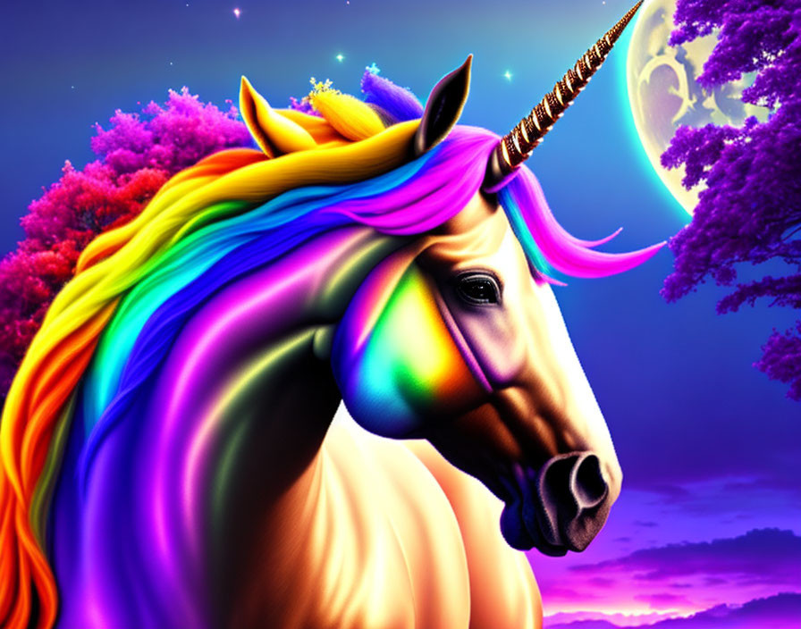 Vibrant unicorn with rainbow mane in moonlit forest