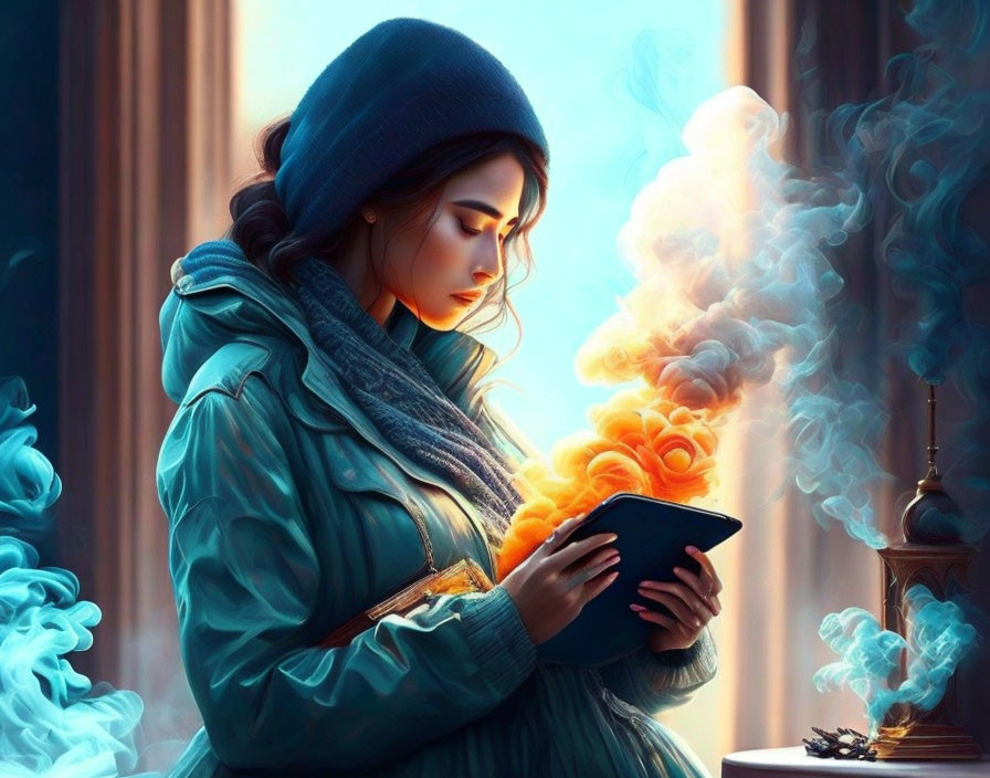 Woman in teal jacket and beanie reading book with colorful smoke in sunlit room