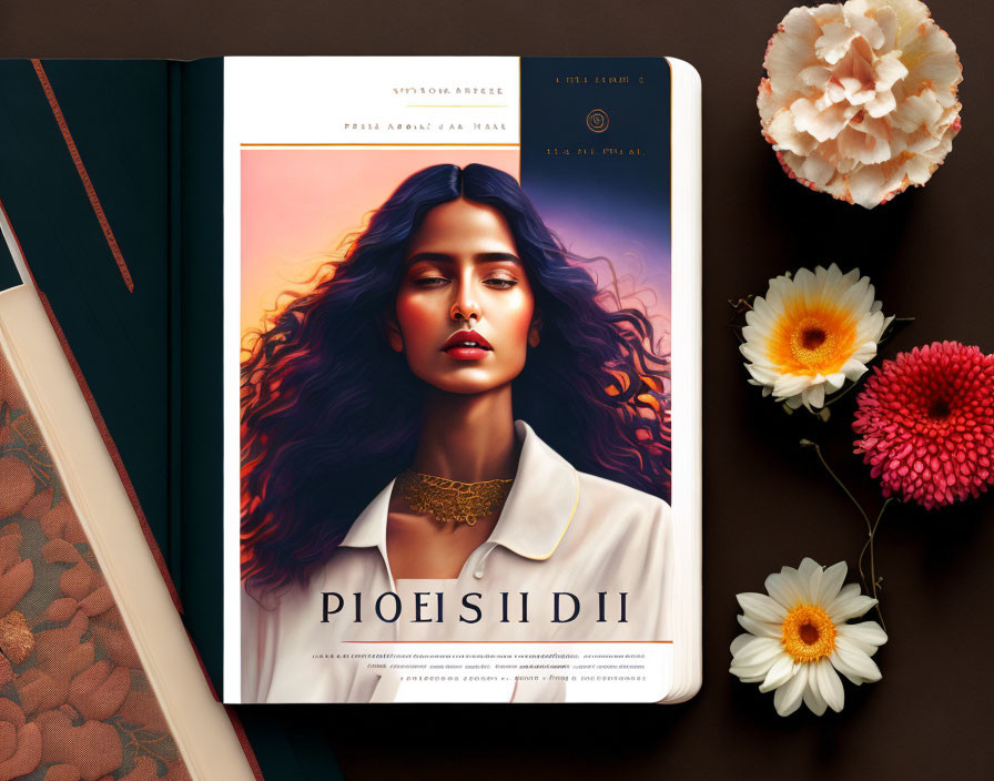 Digital illustration of woman with flowing hair and flowers on magazine cover above ornate book.