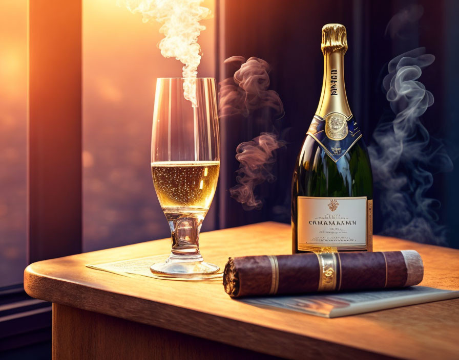 Champagne Bottle, Glass, and Lit Cigar on Wooden Table