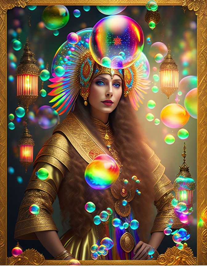 Colorful woman in ornate attire with bubbles, lanterns, and peacock feather headdress on