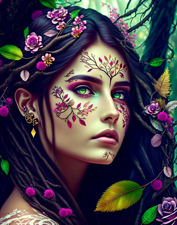 Digital artwork featuring woman with floral motifs, vibrant flowers, leaves, and mystical forest vibe