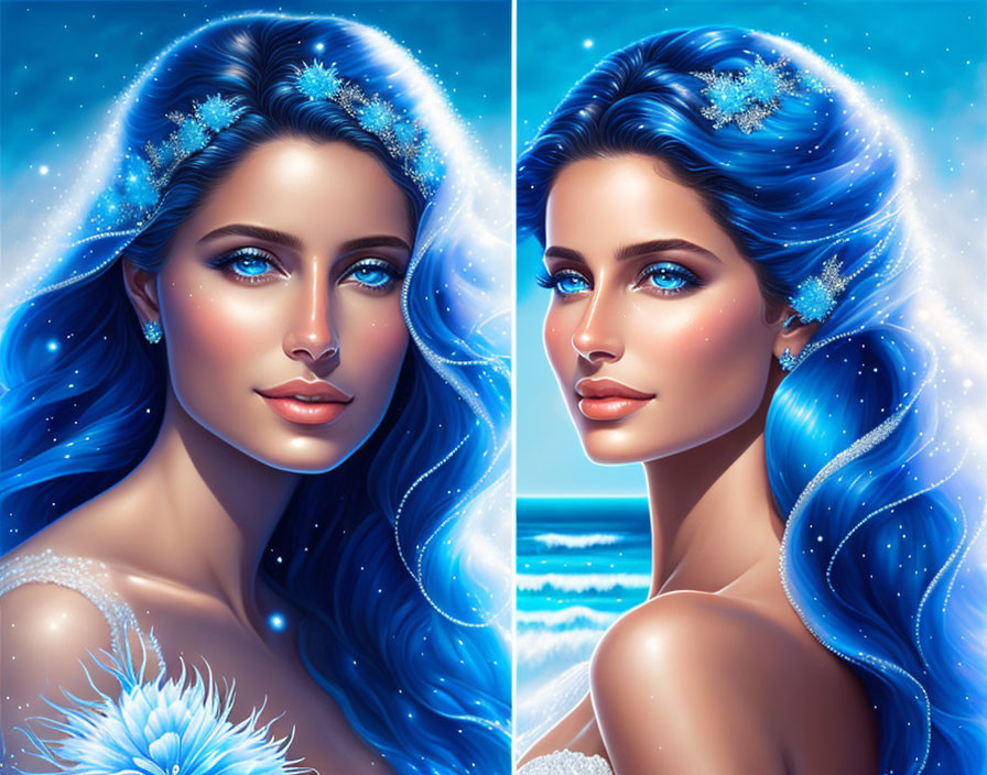 Digital art diptych: Woman with radiant blue eyes and starry hair.