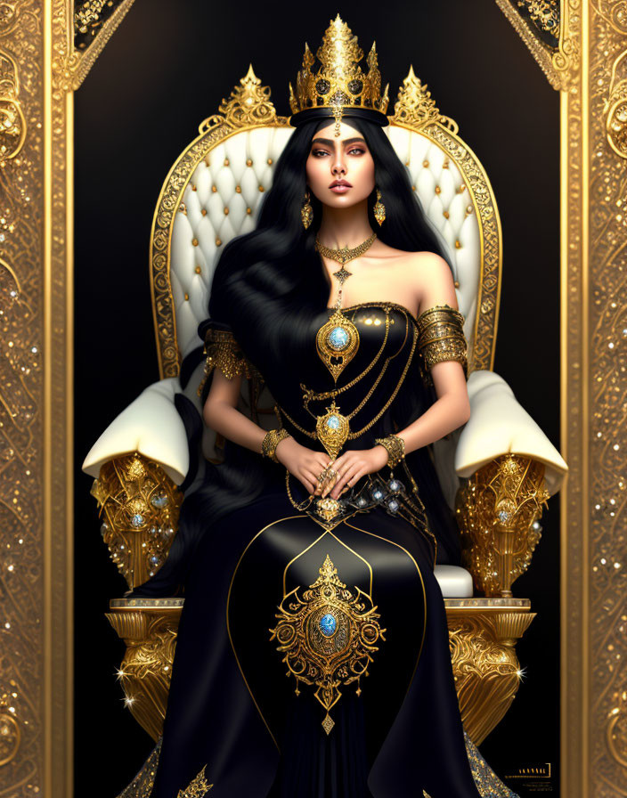 Illustrated queen with long black hair in luxurious golden-black dress on ornate throne exudes regality